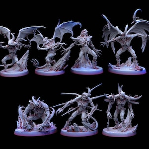 May include: A collection of seven detailed, white miniature demon figurines with bat-like wings, horns, and chains. Each figure is posed differently, some standing, others crouching, on textured circular bases. The figures are set against a black background.