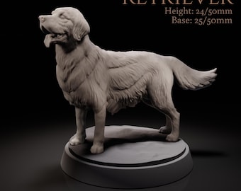 May include: A 3D printed model of a retriever dog standing on a round base. The model is 24/50mm high and 25/50mm wide. The model is made of a light grey plastic and is in a 32/75mm scale.