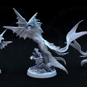 May include: A 3D printed miniature of a white, winged, horse-like creature with a long, flowing tail and fins. The creature is posed in mid-air, with its wings spread wide. The miniature is set on a base with a wave-like design.
