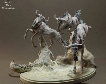 Wildebeest & Nile Crocodile 1/24 Scale Realistic Animal Model 3D Printed | Beast Companion Figurine | Animal Den Miniatures