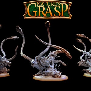 May include: A white, detailed, 3D printed miniature of a creature with multiple limbs and a snarling face. The creature is posed on a base of rough, textured wood. The title "Nature's Grasp" is displayed above the miniature.