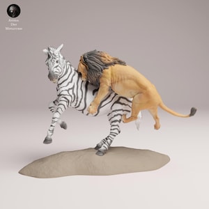 Lion Hunting Zebra 1/24 Scale Realistic Animal Model 3D Printed | Decorative Display Piece | Beast Companion Figurine | Animal Den Miniature