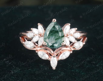 Vintage Pear Shaped Moss Agate Engagement Ring Sets Unique Rose Gold Cluster Color Changed Gem Ring  Gemstone Wedding Bridal Sets Ring