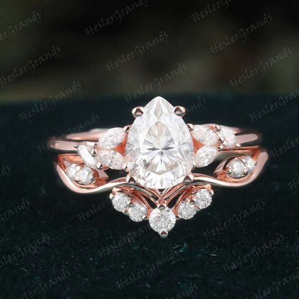 Pear Shape Moissanite engagement ring set rose gold unique Cluster engagement ring sets vintage Marquise Diamond Promise Anniversary ring