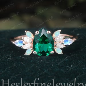 Vintage Birnenförmige Smaragd Verlobungsring Opal Mondstein Art Deco Rose Gold Cluster Marquise Diamant Ring Einzigartige Hochzeit Brautring