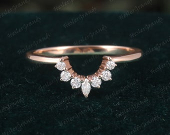Curved rose gold wedding band women Vintage Matching wedding band  Marquise cut Diamond unique Pear shaped Bridal Stacking promise gift