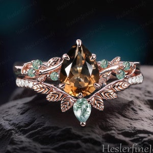 Art Deco Ring Pear Smoky Quartz Engagement Ring Bridal Sets Rose Gold Leaf Promise Ring Nature Inspired Cluster Ring Handmade Jewelry Gifts