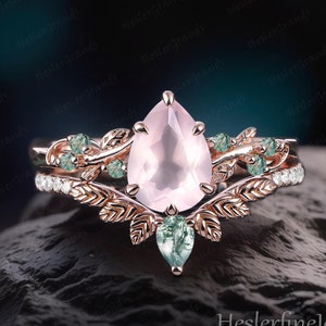 Art Deco Ring Pear Rose Quartz Engagement Ring Sets Bridal Sets Rose Gold Leaf Ring Promise Ring Nature Inspired Cluster Ring For Women
