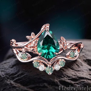 Pear Emerald Engagement Ring Sets Art Deco Ring Bridal Sets Rose Gold Vintage Leaf Ring Promise Ring Nature Inspired Handmade Jewelry Gifts