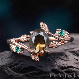 Vintage Oval Smoky Quartz Engagement Ring Rose Gold Promise Ring Nature Inspired Leaf Art Deco Ring Handmade Jewelry Gifts For Women