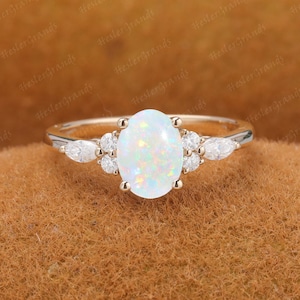 Oval opal engagement ring vintage unique Cluster yellow gold engagement ring Marquise diamond wedding Bridal art deco Ring Anniversary Gifts