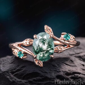 Vintage Oval Natural Moss Agate Engagement Ring Rose Gold Promise Ring Nature Inspired Leaf Art Deco Ring Handmade Jewelry Gifts For Women