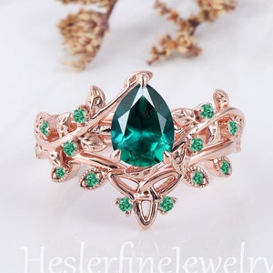 Anillo de compromiso con esmeralda de inspiración natural, anillo vintage de oro rosa con esmeralda talla pera, anillo de bodas, anillo único con piedra de nacimiento de mayo, aniversario.