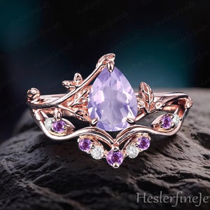 Pear Lavender Amethyst Engagement Ring Sets Leaf Ring Rose Gold Art Deco Ring Bridal Sets Nature Inspired Promise Ring Handmade JewelryGifts