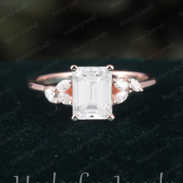 Vintage Moissanite Engagement Ring Rose Gold Emerald Cut Moissanite Diamond  Art Deco Ring  Unique Wedding Ring Bridal Ring Anniversary Ring