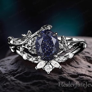 Gothic Black Gold Oval Blue Sandstone Engagement Ring Sets Bridal Sets Nature Inspired Leaf Promise Ring Galaxy Starry Sky Art Deco Ring