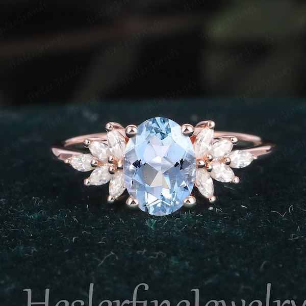Vintage Oval cut Aquamarine Engagement Ring Solid 14K Rose Gold Promise Ring Cluster Art Deco Ring Unique Diamond Anniversary Ring Gifts