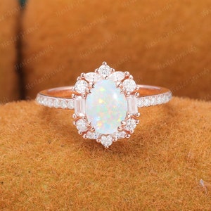 Vintage natural opal engagement ring oval cut opal wedding ring rose gold unique diamond anniversary ring promise bridal ring for women