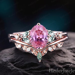 Oval Rosa Saphir Verlobungsring Sets Rose Gold Brautsets Mond Cluster Versprechen Ring Rosa Edelstein Art Deco Ring Schmuck Geschenke für Frauen