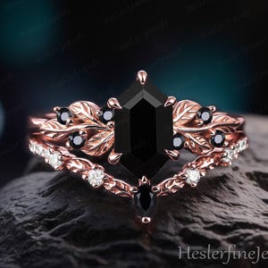 Long Hexagon Cut Black Onyx Engagement Ring Sets Bridal Sets Rose Gold Nature Inspired Leaf Promise Cluster Ring Art Deco Statement Ring