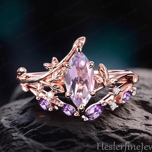 Marquise Cut Lavender Amethyst Engagement Ring Sets Art Deco Ring Bridal Sets Rose Gold Leaf Promise Ring Nature Inspired Cluster Ring