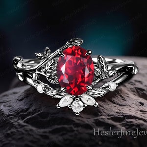 Gothic Black Gold Art Deco Ring Oval Ruby Engagement Ring Sets Bridal Sets Nature Inspired Leaf Promise Ring Red Gemstone Cluster Ring