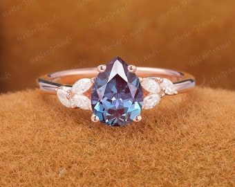 925 Silver Ring For Women Alexandrite Engagement Ring Pear Shape Cluster Ring Promise Ring Anniversary Gifts