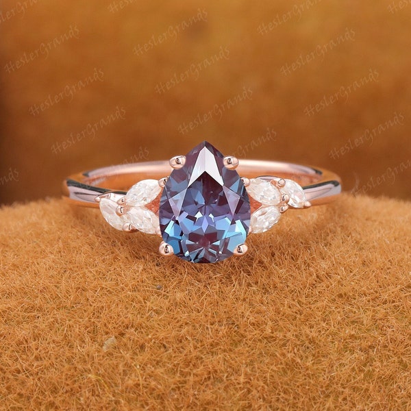925 Silver Ring For Women Alexandrite Engagement Ring Pear Shape Cluster Ring Promise Ring Anniversary Gifts