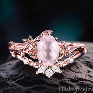 Oval Cut Rose Quartz Engagement Ring Sets Art Deco Ring Bridal Sets Rose Gold Leaf Promise Ring Nature Inspired Gemstone Cluster Ring