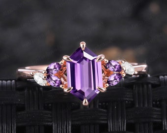Vintage Long Hexagon Cut Amethyst Engagement Ring Bridal Ring Rose Gold Promise Ring Purple Crystal Art Deco Ring Handmade Jewelry Gift