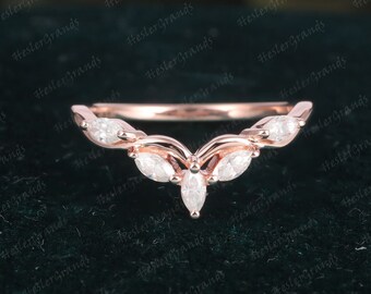 Curved Moissanite wedding band vintage unique rose gold Marquise Cut Diamond band Diamond Stacking Matching Bridal Promise Anniversary gift