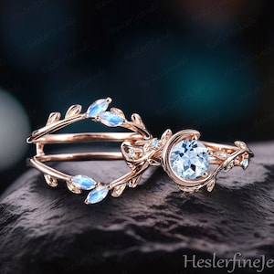 Natural Aquamarine Engagement Ring Bridal Sets Rose Gold Moon Design Ring Art Deco Ring Leaf Mar Birthstone Gemstone Handmade Jewelry Gift