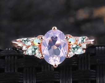 Oval Natural Lavender Amethyst Engagement Ring 14K Solid Rose Gold Bridal Sets Vintage Five Stones Promise Cluster Ring Natural Gemstone