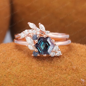 Hexagon cut Alexandrite engagement ring sets vintage rose gold art deco ring unique engagement ring cluster ring diamond wedding ring women