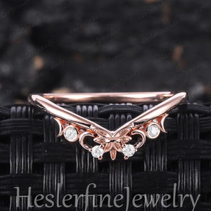 Vintage Moissanite Wedding band Rose gold Curved Wedding Band Round Diamond Ring Moon Design Stacking Art Deco Promise Ring Handmade Jewelry
