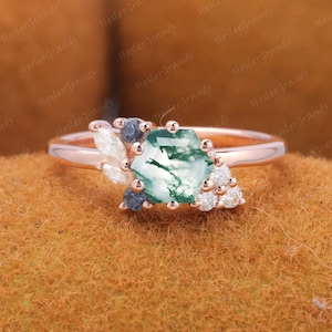 Hexagon cut Moss agate engagement ring vintage rose gold art deco ring unique engagement ring cluster ring diamond wedding ring for women