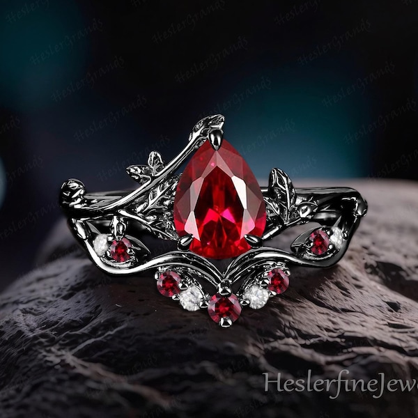Gothic Black Gold Art Deco Ring Pear Ruby Engagement Ring Sets Bridal Sets Nature Inspired Leaf Promise Ring Red Gemstone Cluster Ring