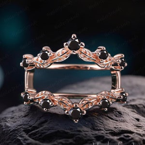 Black Diamond Enhancer Wedding Band Rose Gold Wedding Band Leaf Double Curved Band Stacking Matching Art Deco Ring Handmade Jewelry Gifts