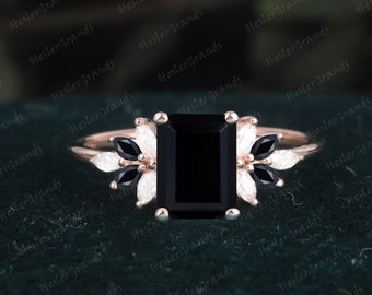 Vintage Emerald Cut Black onyx Engagement Ring Promise Ring Solid 14K Gold Cluster Art Deco Ring Unique Diamond  Anniversary Ring Gifts
