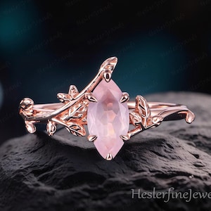 Marquise Cut Rose Quartz Engagement Ring Art Deco Ring Bridal Ring Rose Gold Leaf Promise Ring Nature Inspired Cluster Ring For Women