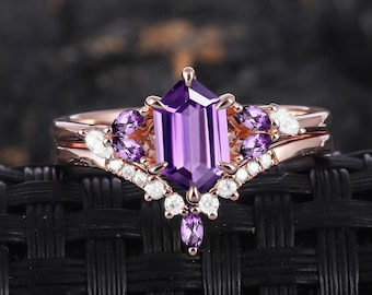 Vintage Long Hexagon Cut Amethyst Engagement Ring Bridal Sets Rose Gold Promise Ring Purple Crystal Art Deco Ring Handmade Jewelry Gift