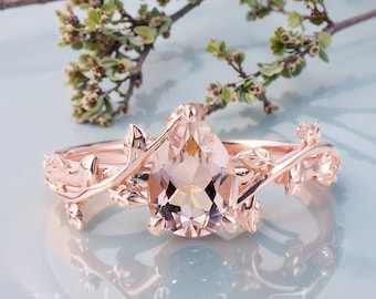 Vintage Morganite Engagement Ring White Gold Pear Art Deco Ring Alternative Engagement Ring Nature Inspired Leaf Ring Healing Wedding Ring