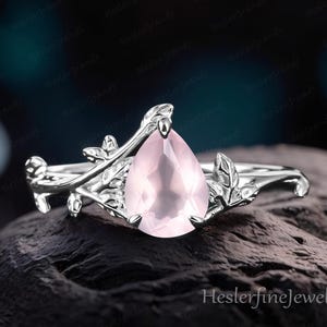 Pear Rose Quartz Engagement Ring Art Deco Ring Bridal Ring White Gold Vintage Leaf Promise Ring Nature Inspired Handmade Jewelry Gifts