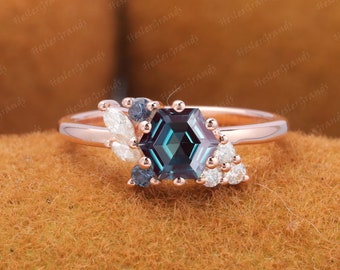 Hexagon cut Alexandrite engagement ring vintage rose gold art deco ring unique engagement ring cluster ring diamond wedding ring for women