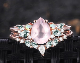 Birne Natürliche Rosenquarz Verlobungsring Sets 14K Solid Rose Gold Braut Sets Vintage Cluster Versprechen Ring Natürlicher Edelstein Ring für Frauen