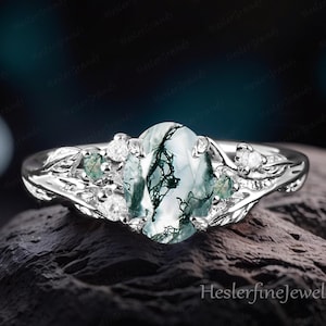 Oval Natural Moss Agate Engagement Ring 14K White Gold Bridal Ring Leaf Promise Ring Natural Gemstone Ring Anniversary Gifts For Women