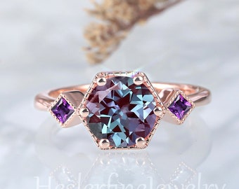 8.0mm 2CT Alexandrite Engagement Ring 14kSolid Rose Gold Ring Vintage Promise Ring Nature Inspired Amethyst Art Deco Ring Anniversary Gifts