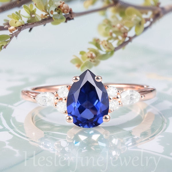 Vintage Sapphire engagement ring Unique 14k Solid Rose Gold Promise Ring Cluster September Birthstone ring art deco Anniversary Gifts