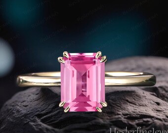 Emerald Cut Pink Sapphire Solitaire Ring Engagement Ring Yellow