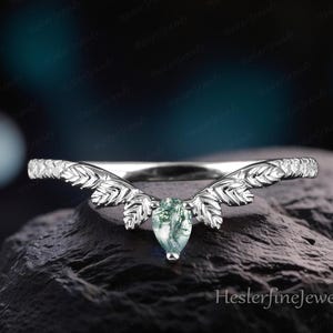 Moss Agate Wedding band White gold Curved Wedding Band Vintage Ring Leaf Ring Art Deco Promise Ring Handmade Jewelry Gifts Women Band